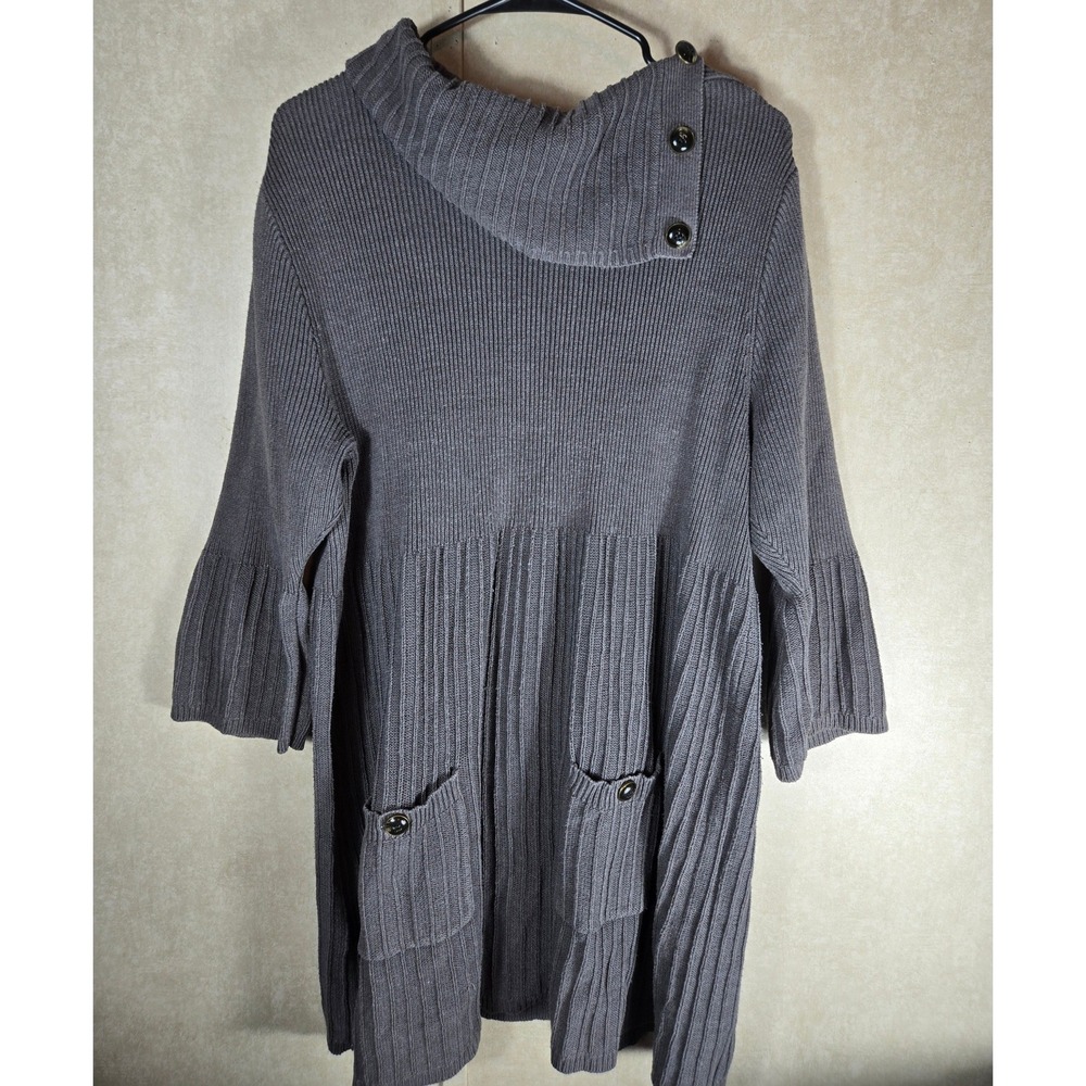 Style & Co Woman Gray Ribbed Knit Tunic Sweater Button Cowl Neck 1X WPL 8046